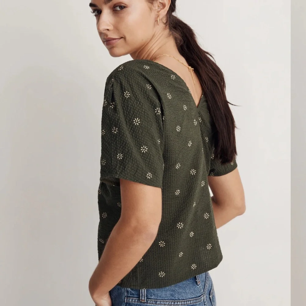 Madewell Forest Green Floral Voile Puff Sleeve Top Size 2